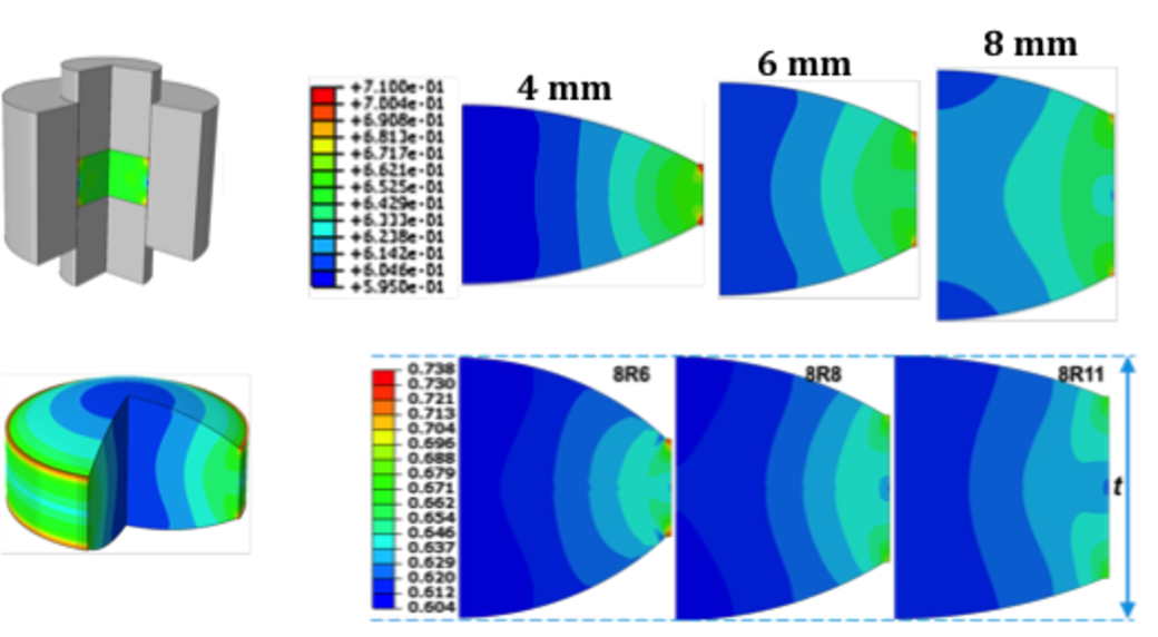 Distribution des densités au sein de compacts de différentes formes (rayons de courbures) ou de différentes épaisseurs